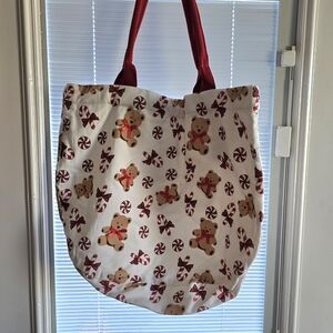 Teddy Bear Print Tote Bag with Red Handles